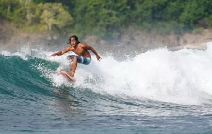 An instructor carving along the face of a clean green wave, jungle on the headland behind
